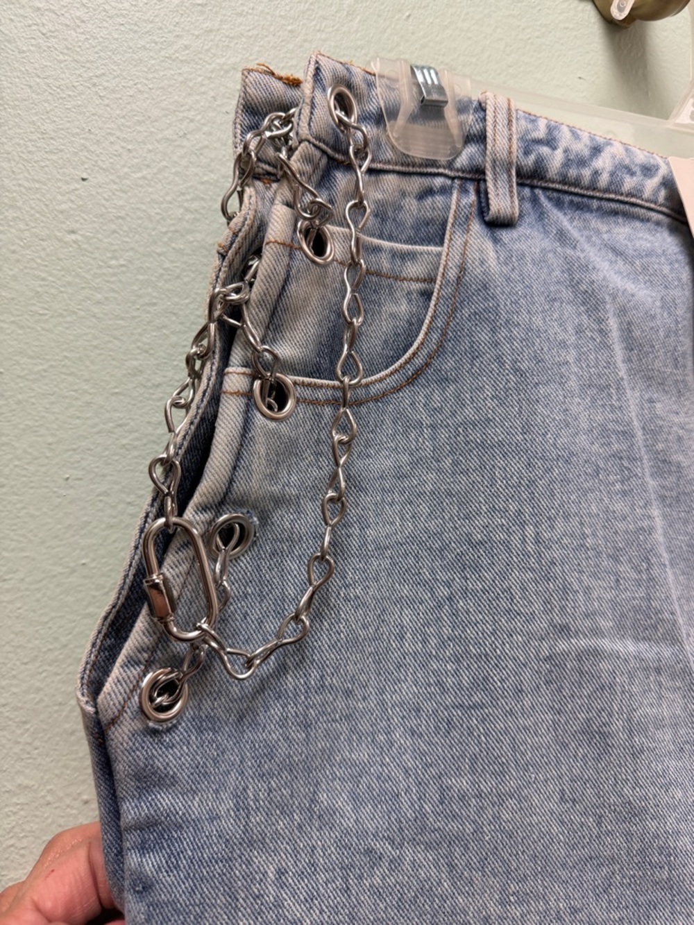 Michele Light Wash Denim Mini Skirt with Chain Trim - Picture 3 of 5